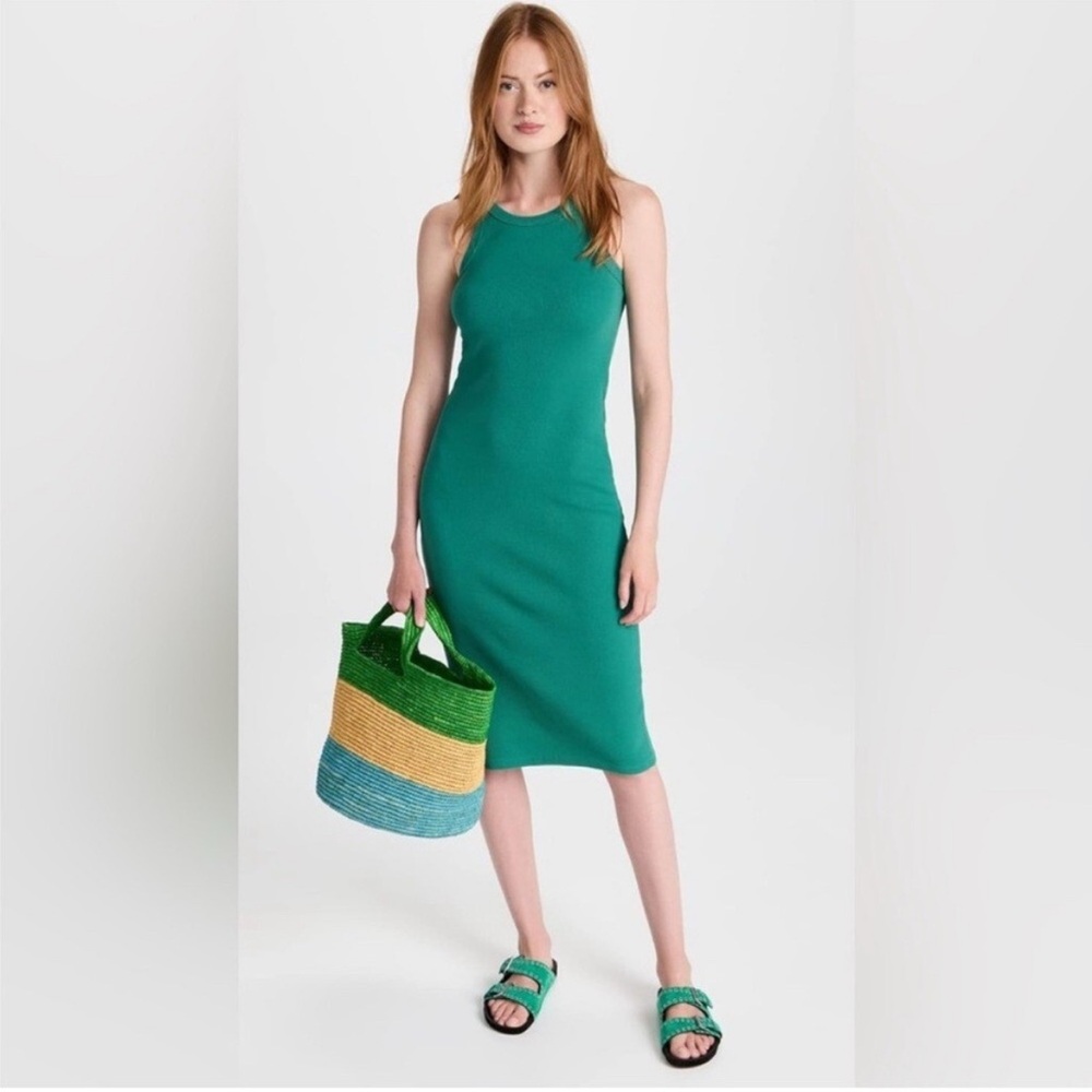MOTHER Chin Ups Midi Dress Ribbed Green Bodycon Sleeveless Size Small